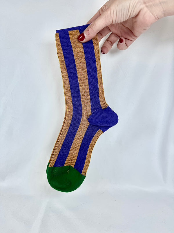Calcetines Mujer Rayas Mostaza y Morado Puntera Verde Oscuro