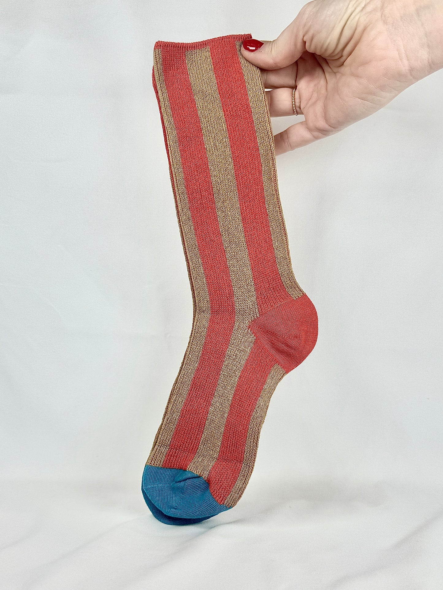 Calcetines Mujer Rayas Naranja Beige Puntera Azul