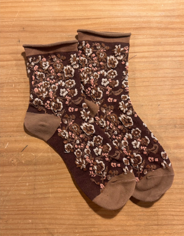 Calcetines Mujer Flores Fruncidas Marrón