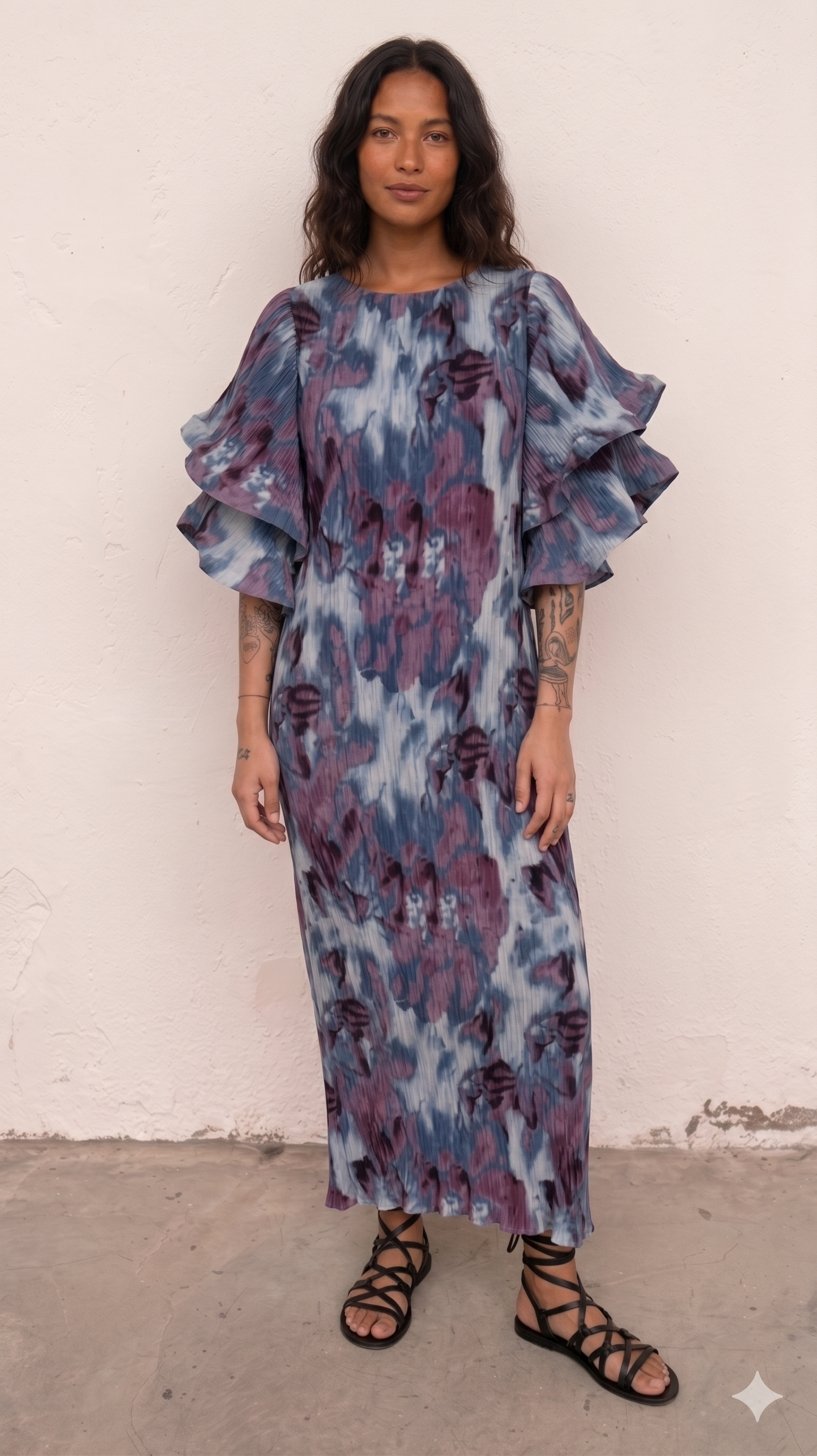 Vestido Plisado con Mangas En Volantes Morado