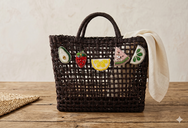 Bolso Capazo Cubo de Mano con Frutas de Predería L Natural Negro