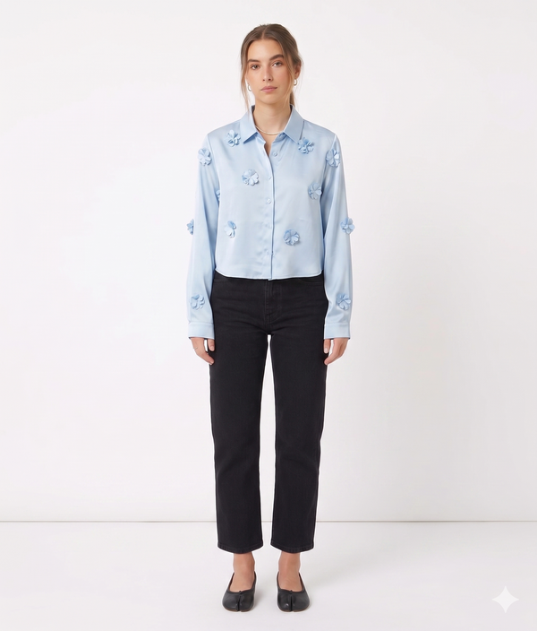 Blusa Azul Tacto Seda Flores Incrustadas