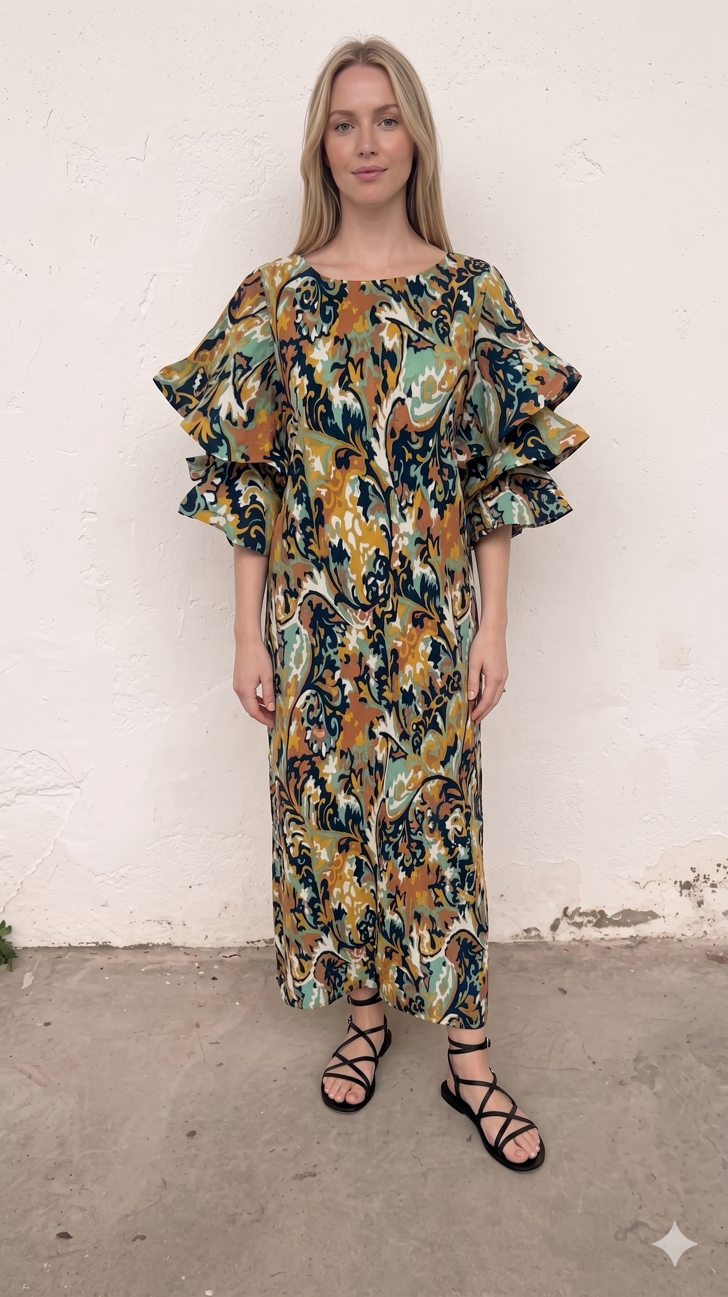 Vestido Plisado con Mangas En Volantes Pasley Azul y Beige