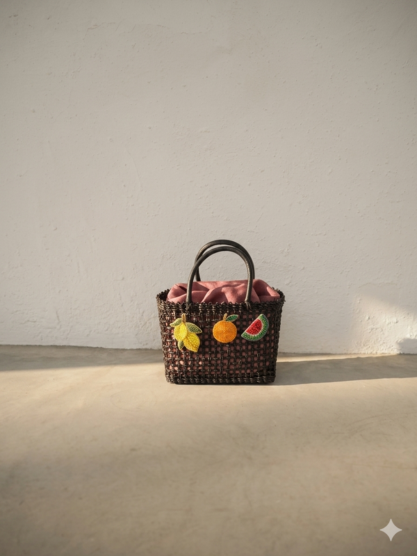 Bolso Capazo Cubo de Mano con Frutas de Predería S Natural Negro