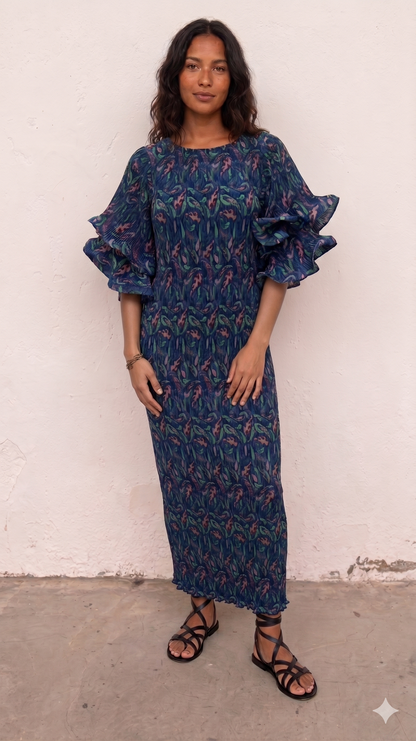 Vestido Plisado con Mangas En Volantes Azul