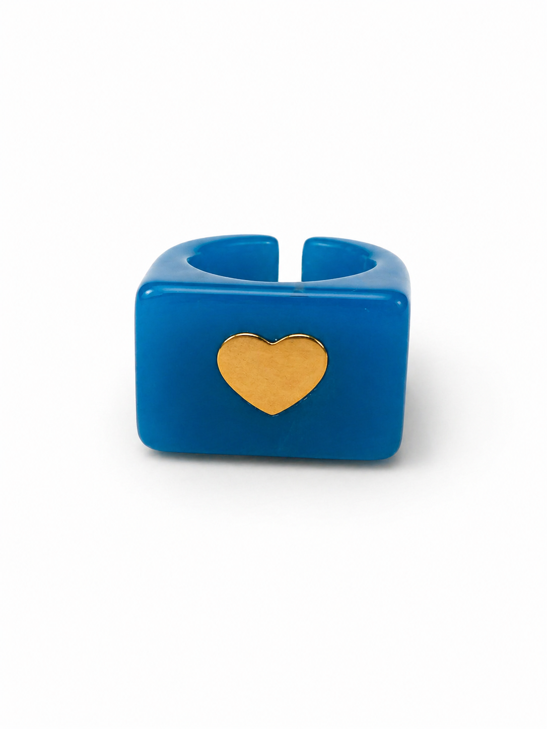 Anillo Resina Azul Turquesa con Corazón Dorado