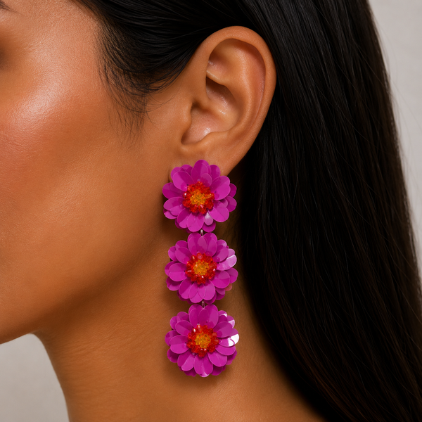 Pendientes Lentejuelas en Triple Flor Fucsia