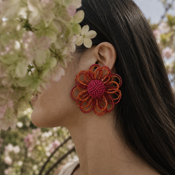 Pendientes Flor Cuentas con Aura Fucsia Naranja