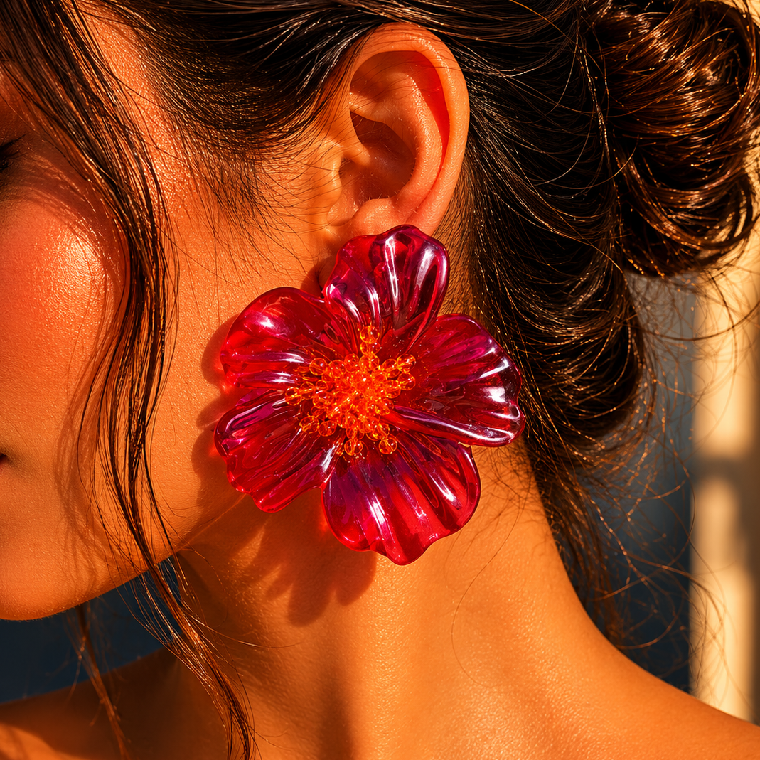 Pendientes Flor Transparentosa Fucsia Con Estambres Naranjas