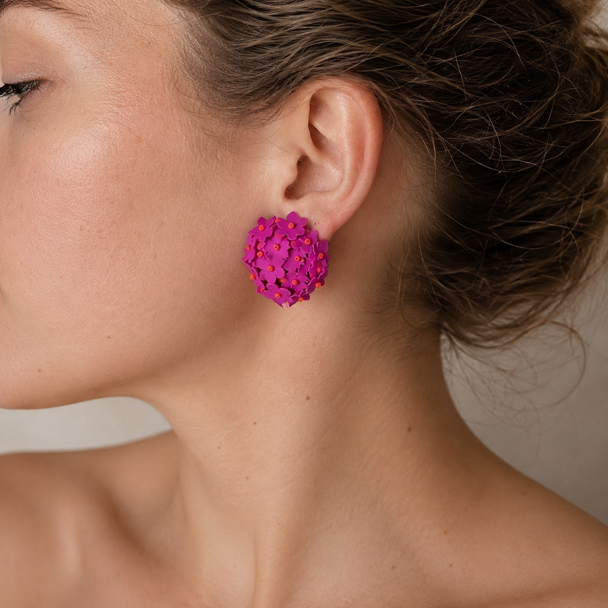 Pendientes Bola Flores Lentejuelas Morado con Naranja