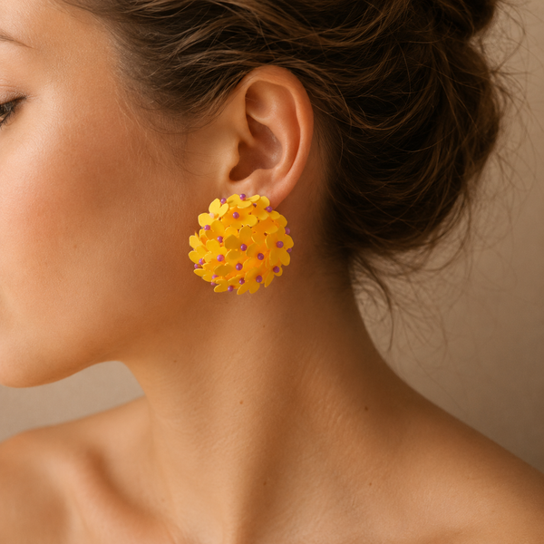 Pendientes Bola Flores Lentejuelas Amarillo con Morado