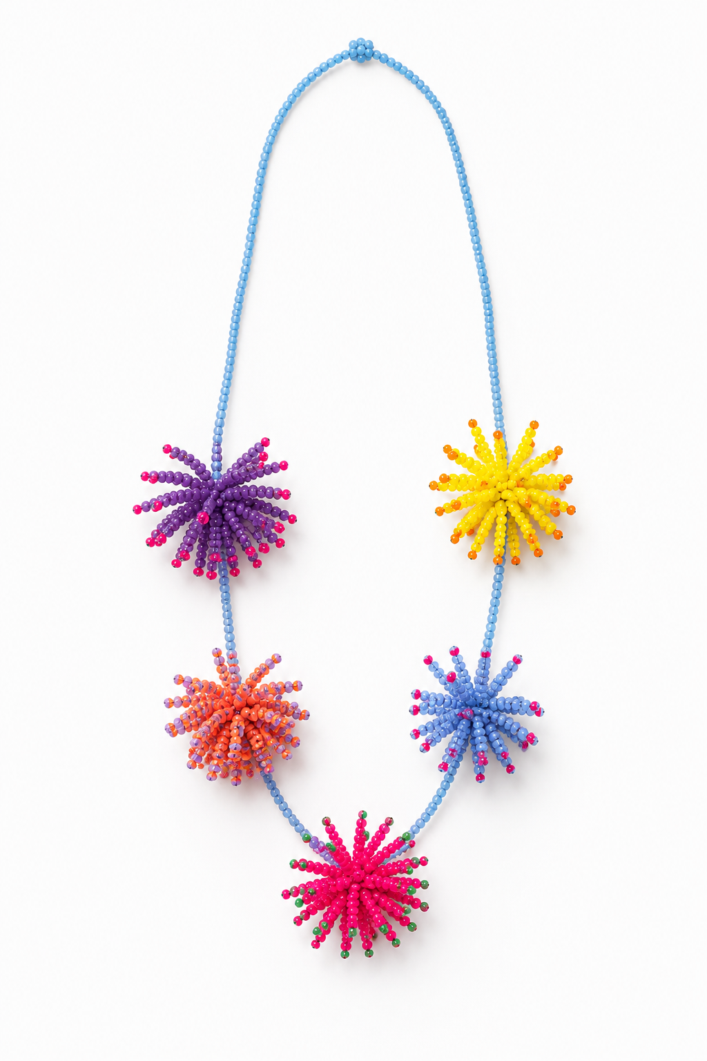 Collar Azul Cuentas Pompones Corto