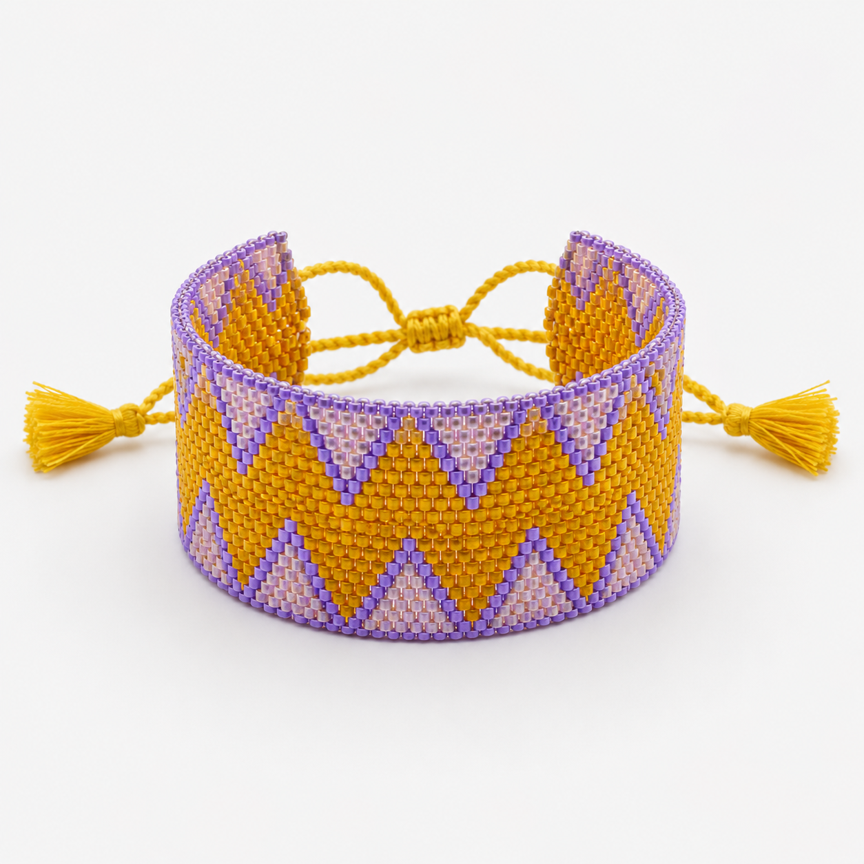 Extra-Wide Miyuki Bracelet with Mauve and Ecru Tassels
