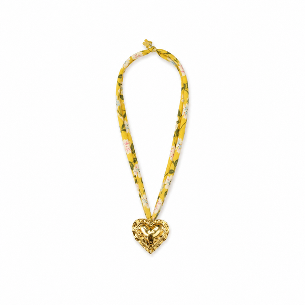 Collar Tela Flores Amarilla Corazón Dorado