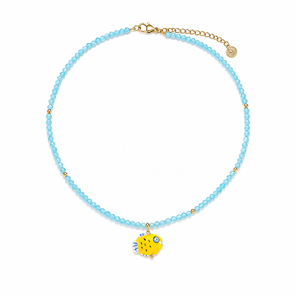 Blue Necklace with Yellow Ceramic Fish