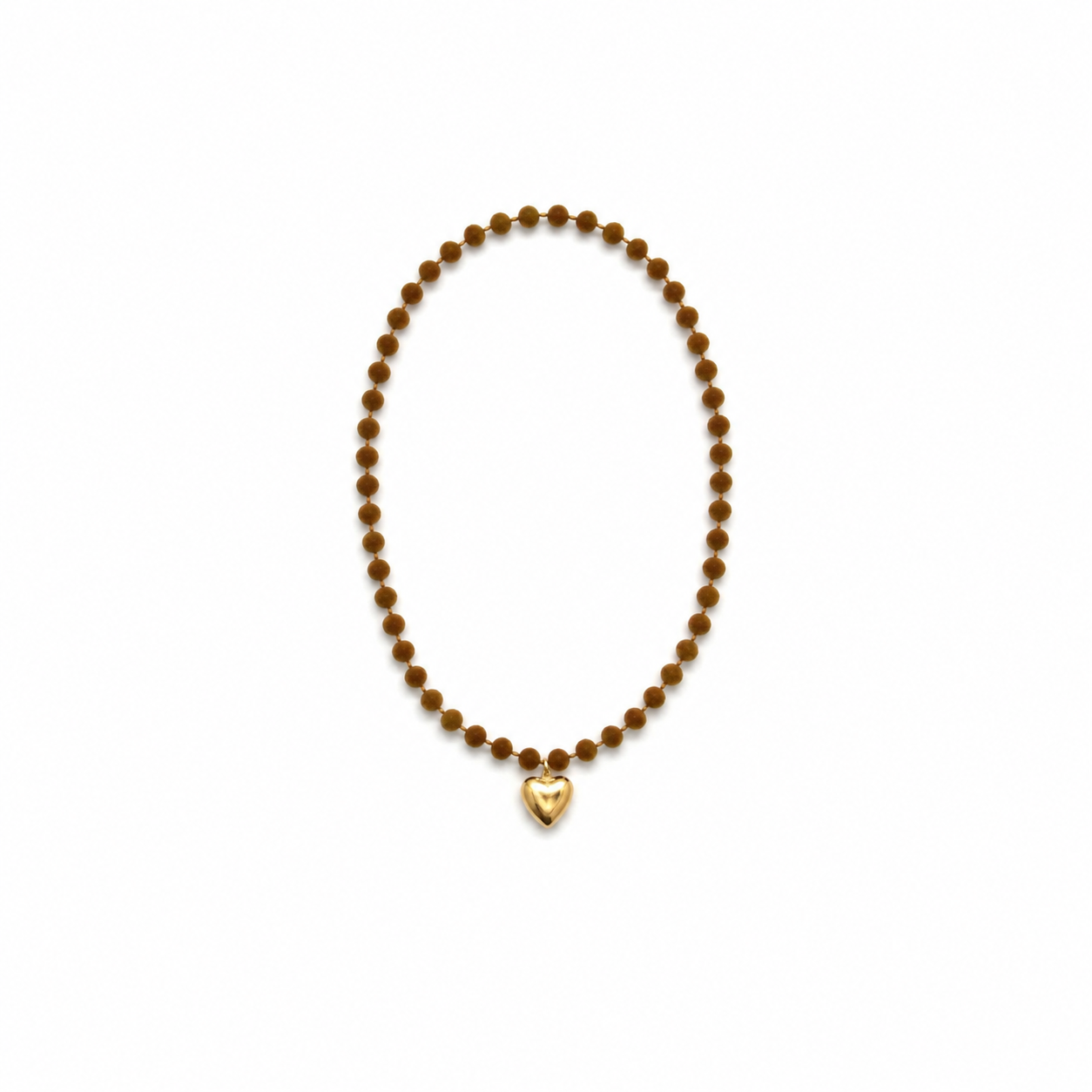 Camel Brown Velvet Bead Necklace with Golden Heart
