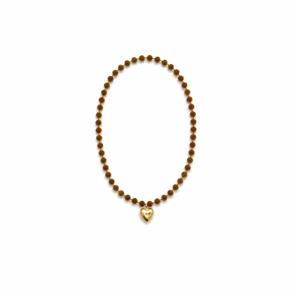 Collar Bolas Terciopelo Camel Marrón Corazón Dorado