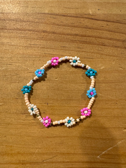 Pulsera Cuentas Bolitas Rosa Flores Margaritas Azul Rosa
