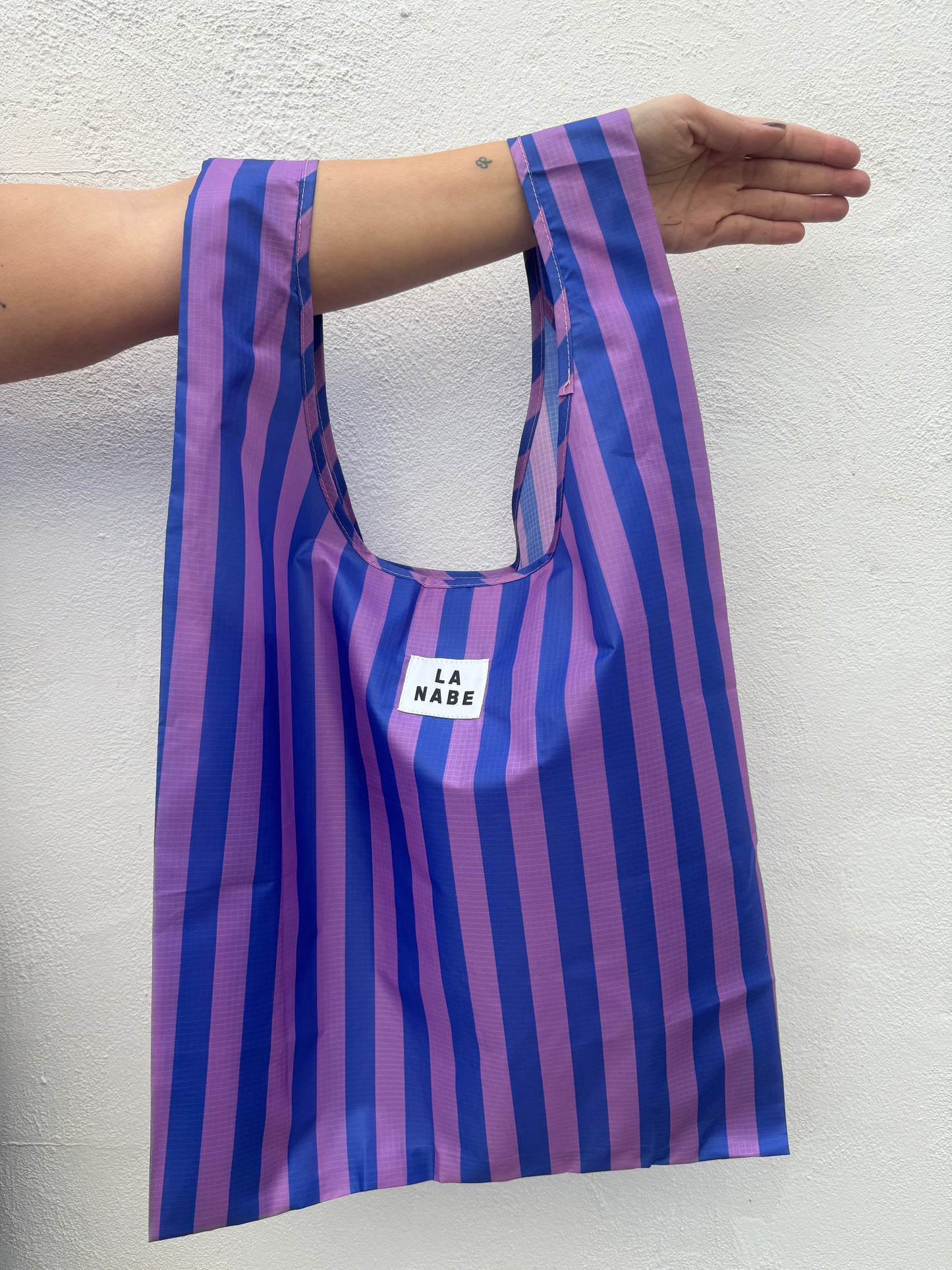 Bolsa Compra Plegable Rayas Multicolor Morado y Azul
