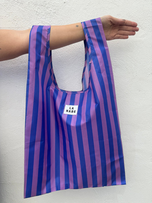 Bolsa Compra Plegable Rayas Multicolor Morado y Azul