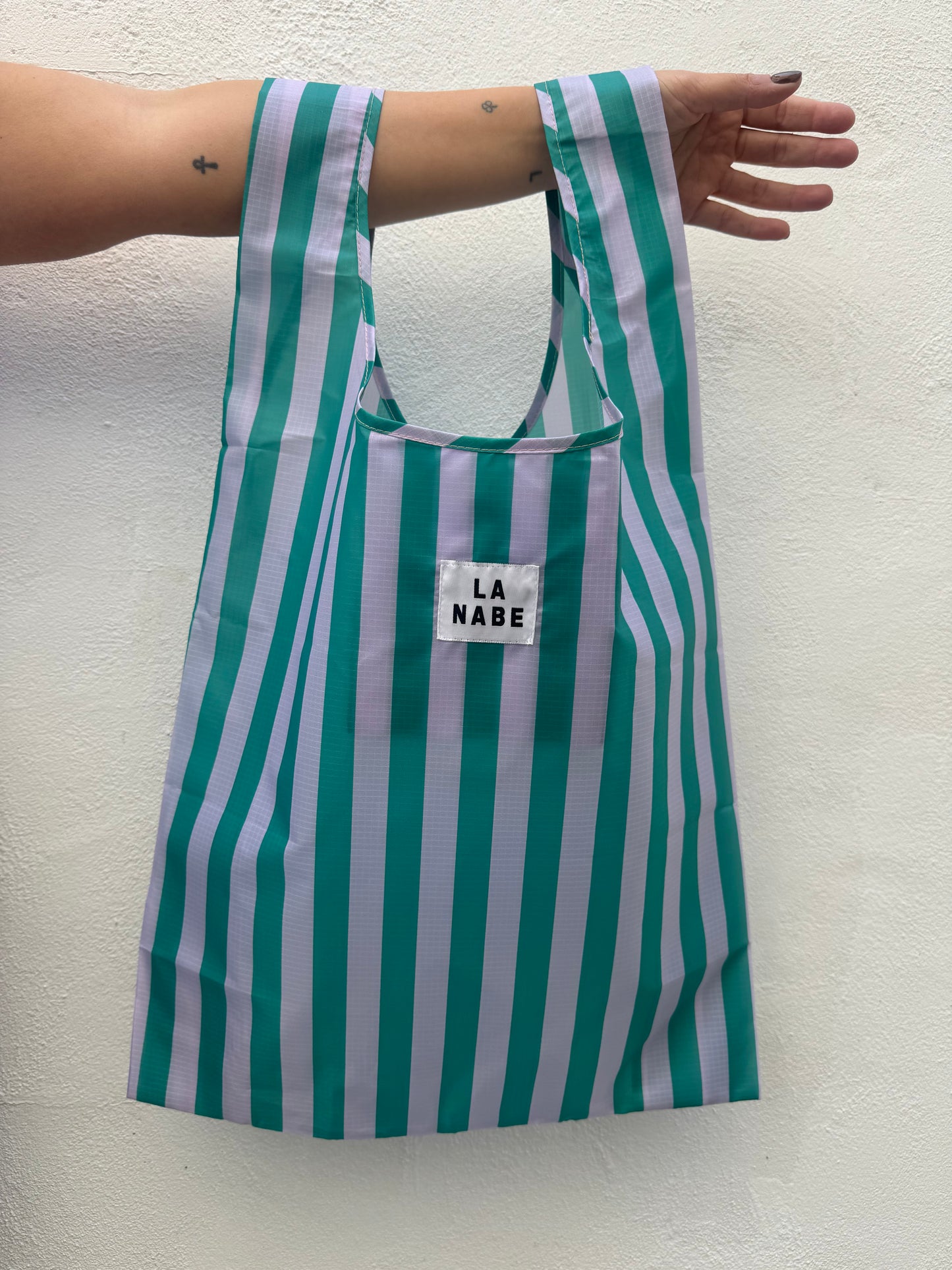 Bolsa Compra Plegable Rayas Multicolor Verde y Morado