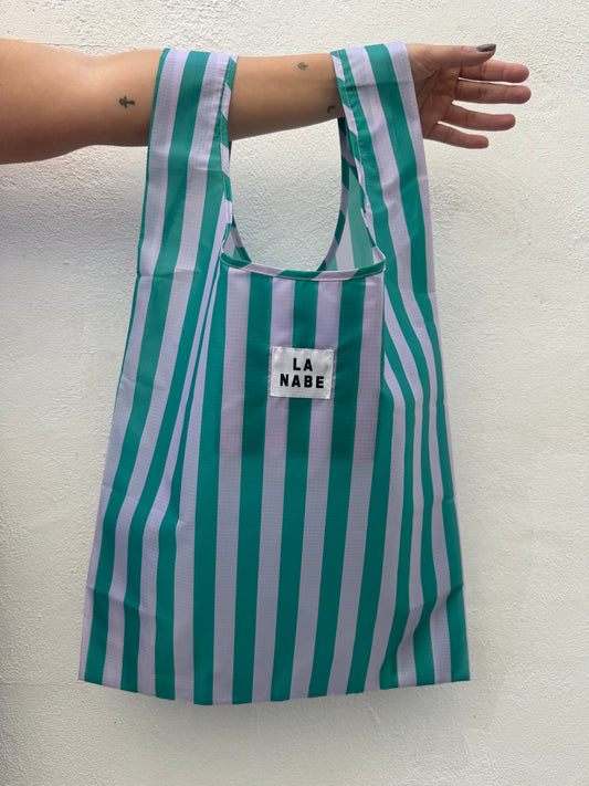 Bolsa Compra Plegable Rayas Multicolor Verde y Morado