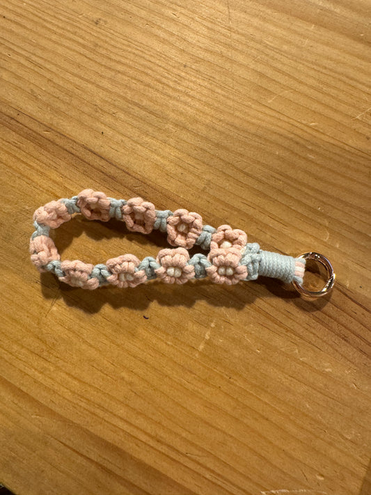 Llavero Flores Ganchillo Verde Menta Flores Rosas