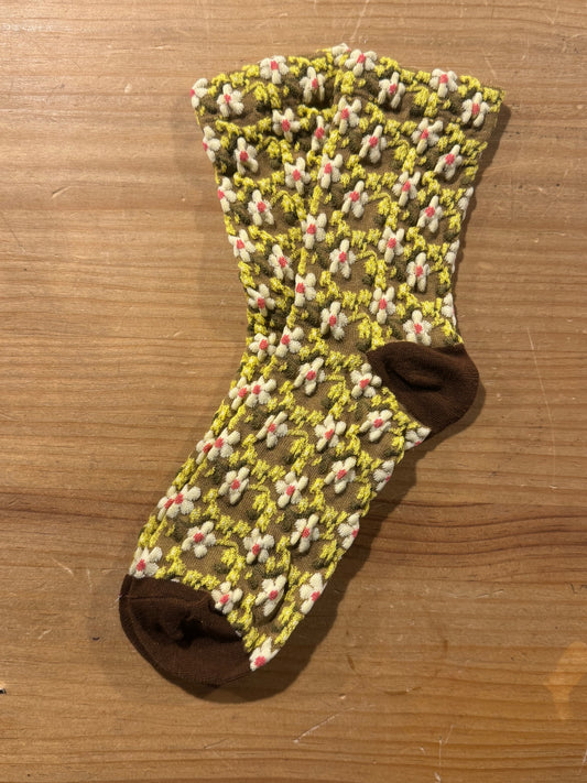 Calcetines Mujer Flores Fruncidas Flores Amarillas Puntera Marrón
