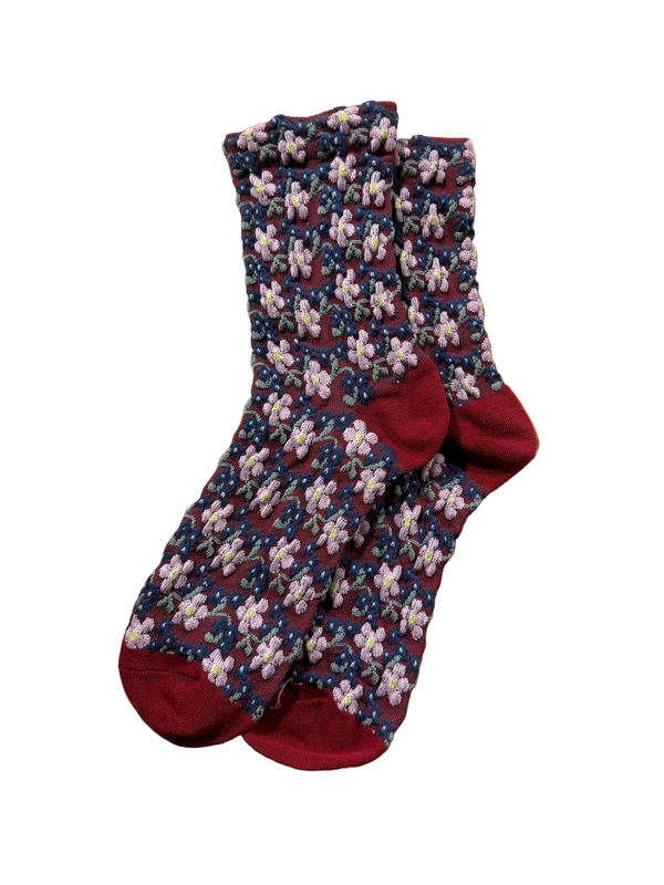 Calcetines Mujer Flores Fruncidas Flores Burdeos