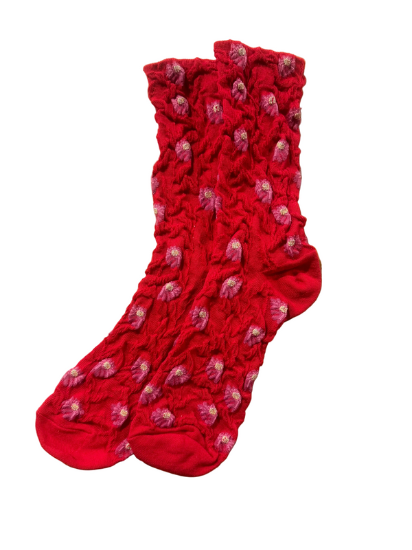 Calcetines Mujer Flores Fruncidas Rojo y Rosa