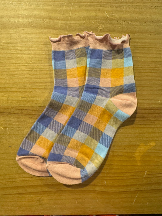 Calcetín Bajo Cuadros Multicolor Puntera Rosa