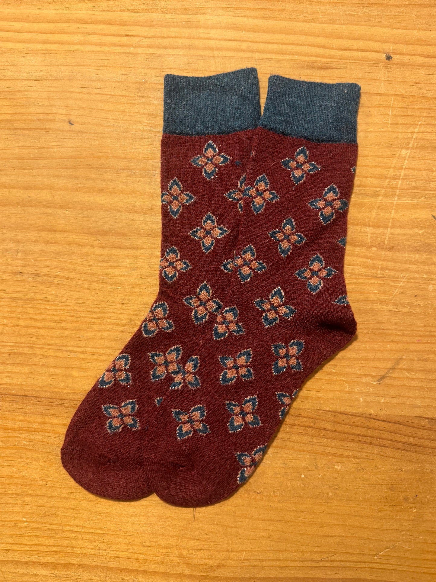 Calcetines Mujer Gordos Granate Flor Azul Verdoso