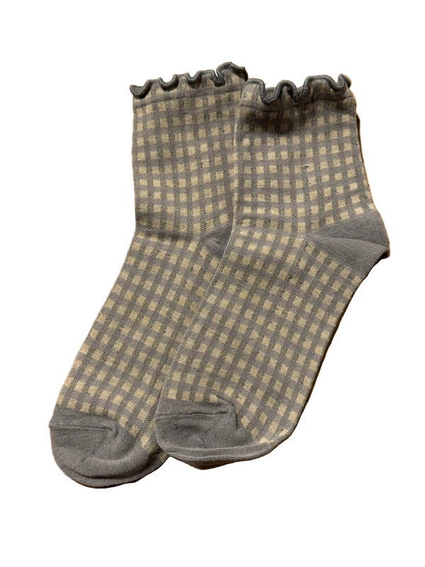 Calcetines Mujer Vichy Cortos con Volante Gris