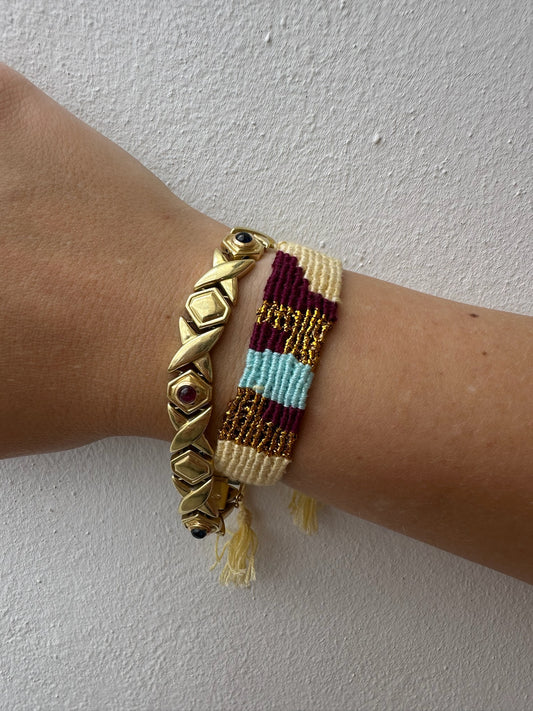 Pulsera Tejida Cuadrados Colores Azul Morado con Dorado