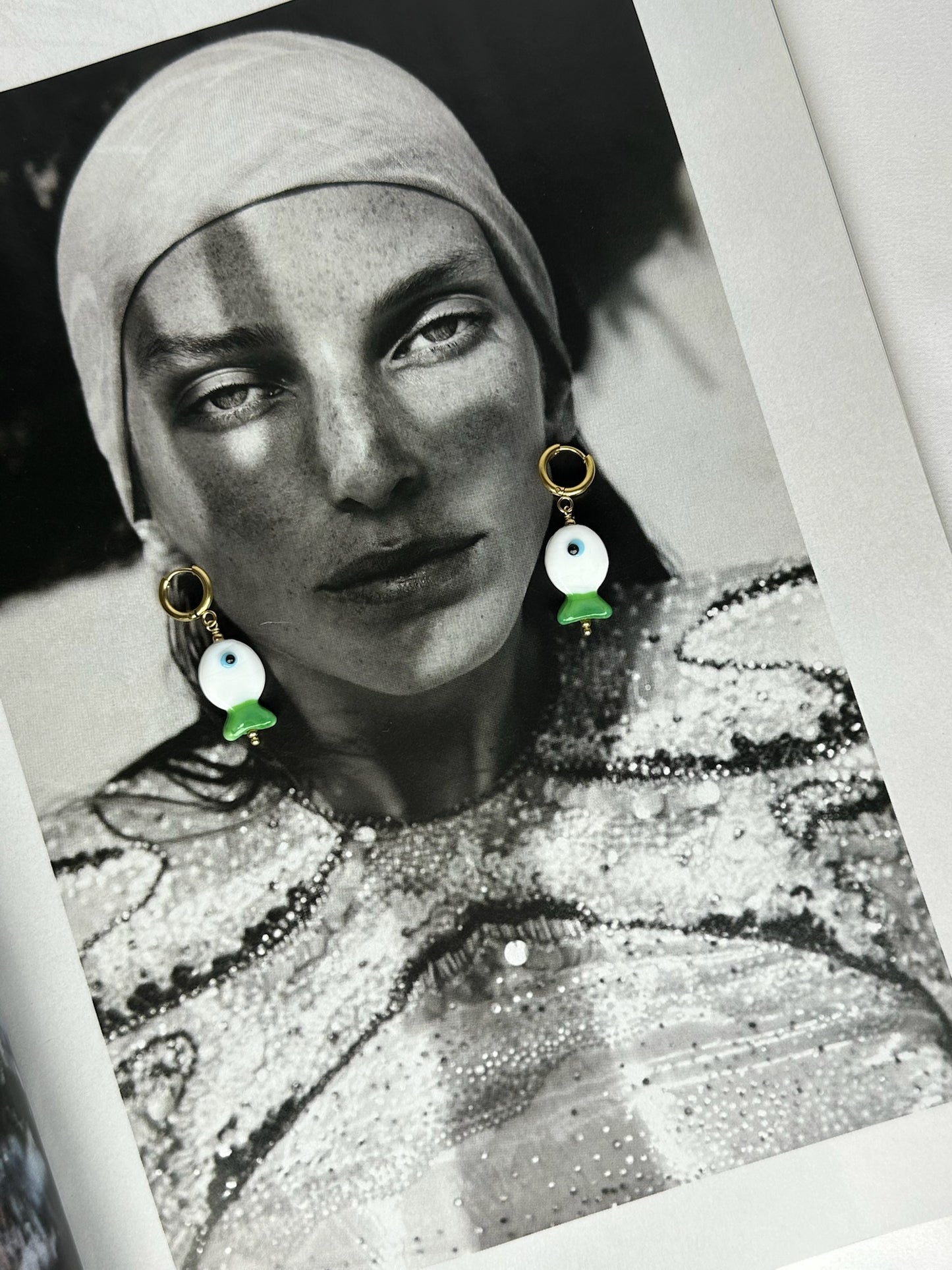 Pendientes Cerámica Pececito Pez Blanco y Cola Verde