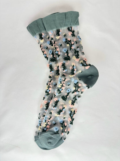 Media Transparente Súper Elástica Gris con Flores