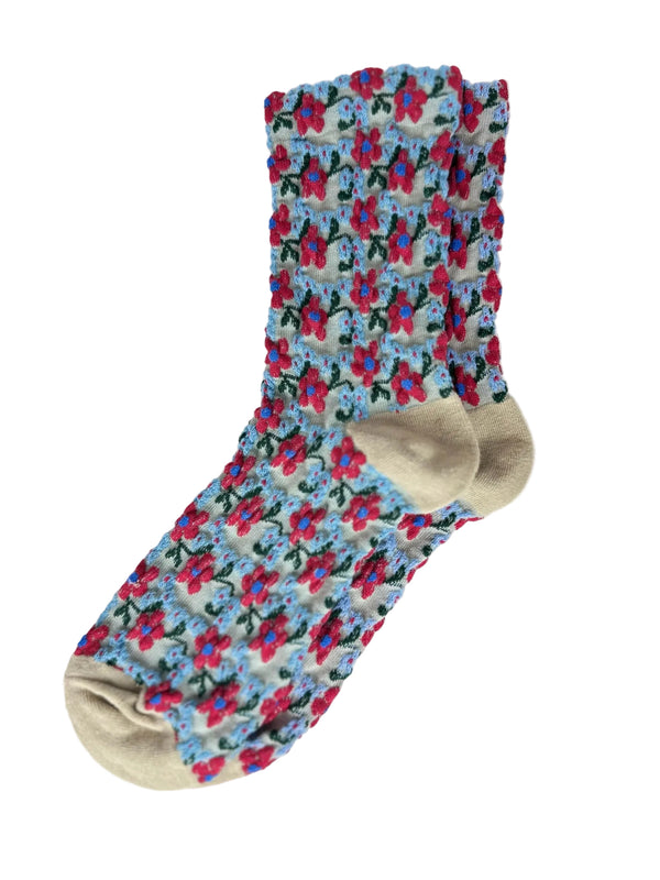 Calcetines Mujer Flores Fruncidas Gris Flor Roja Azul