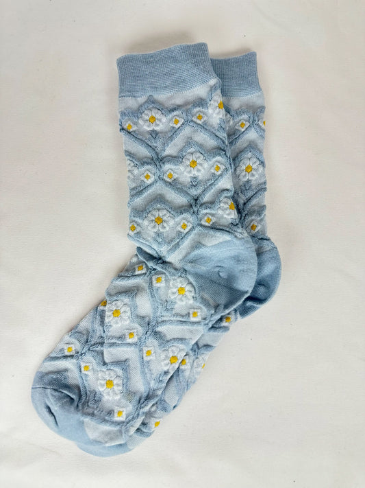 Calcetines Mujer Azul Fruncidos y Flor Amarilla