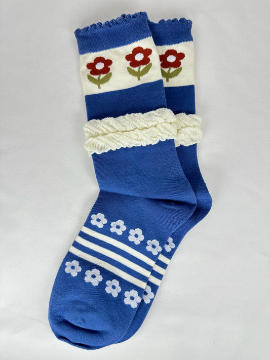Calcetines Mujer Azul Intermedio con Flores y Volante Blanco