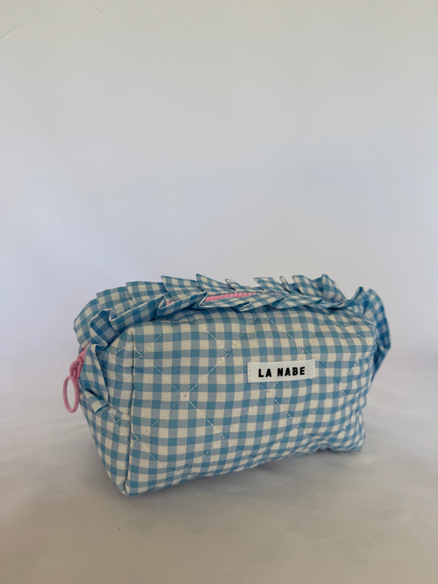 Neceser Cuadros Vichy Azul y Blanco Rectangular Grande Cremallera Rosa con Volante