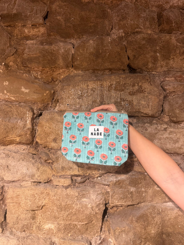 Monedero o Bolsita India Fondo Turquesa con Flores Rosas Grande