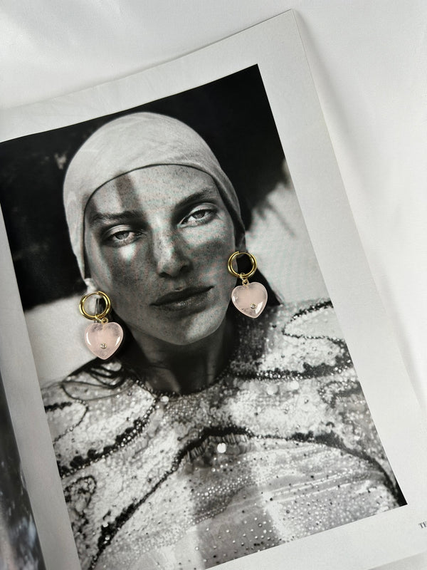 Pendientes Corazón Cuarzo Rosa con Brillante