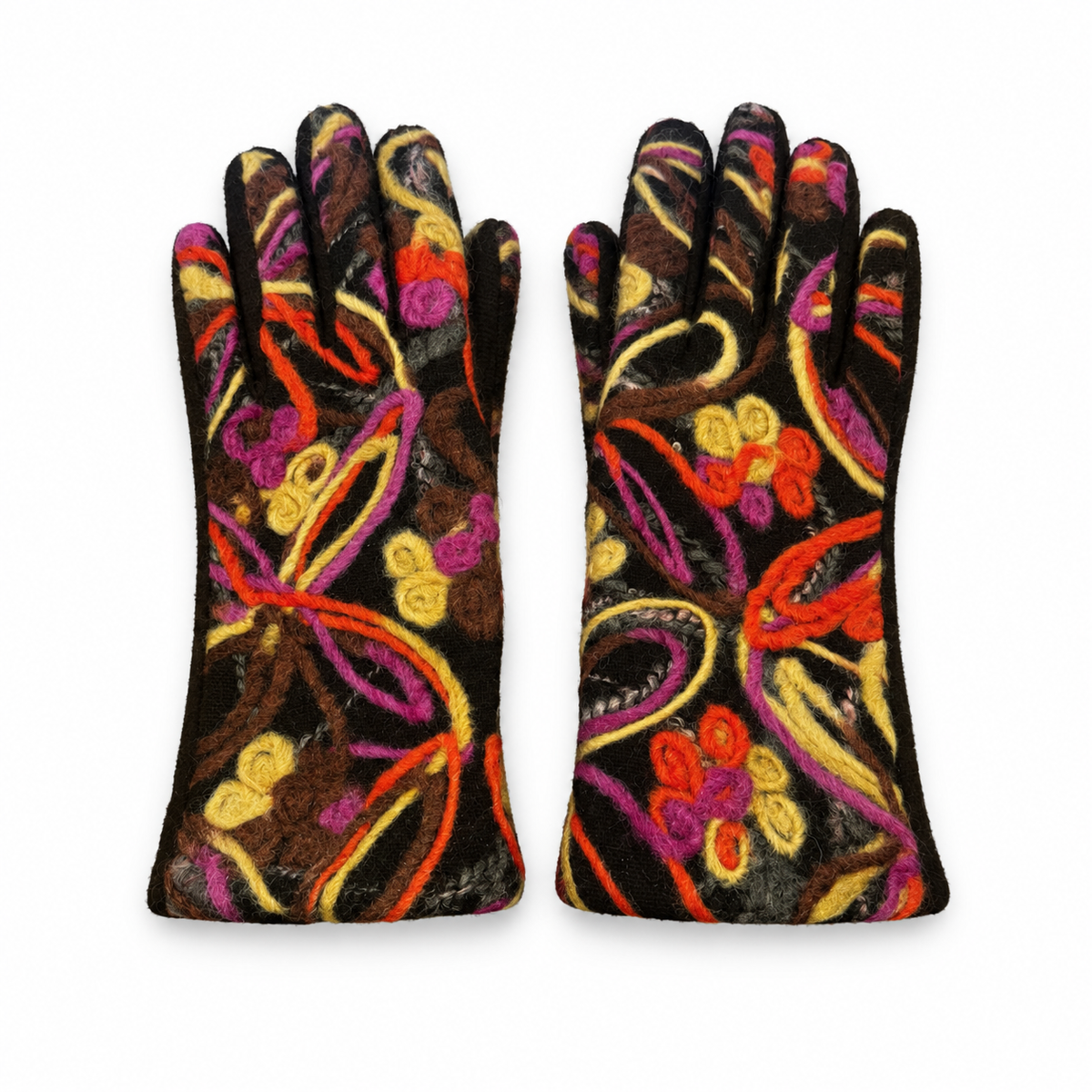 Guantes Negro con Flores Bordadas Lana