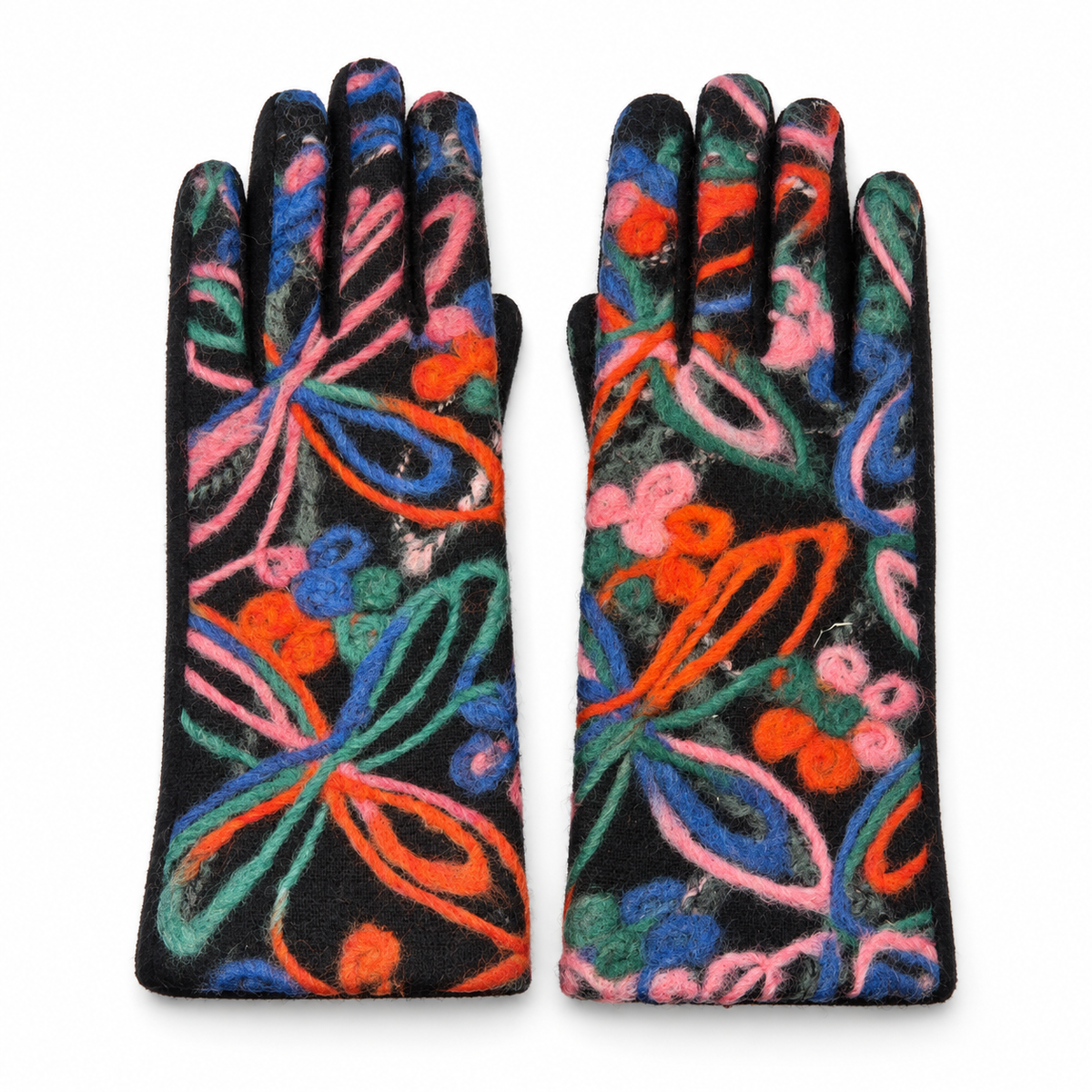 Guantes Negro con Flores Bordadas Lana