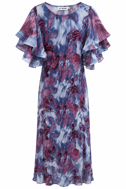 Vestido Plisado con Mangas En Volantes Azul