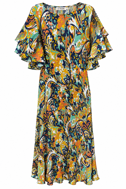 Vestido Plisado con Mangas En Volantes Azul