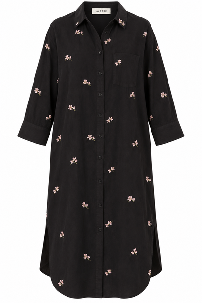 Vestido Camisero Midi Flores Bordadas