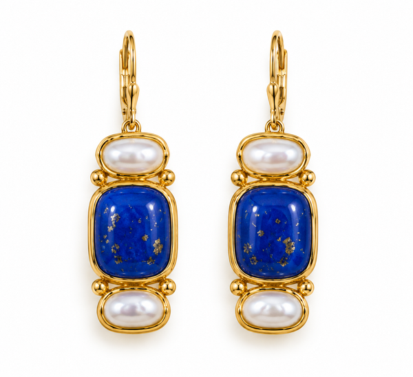 Pendiente Tipo Vintage Dorado Rectangular Piedra Azul y Perla
