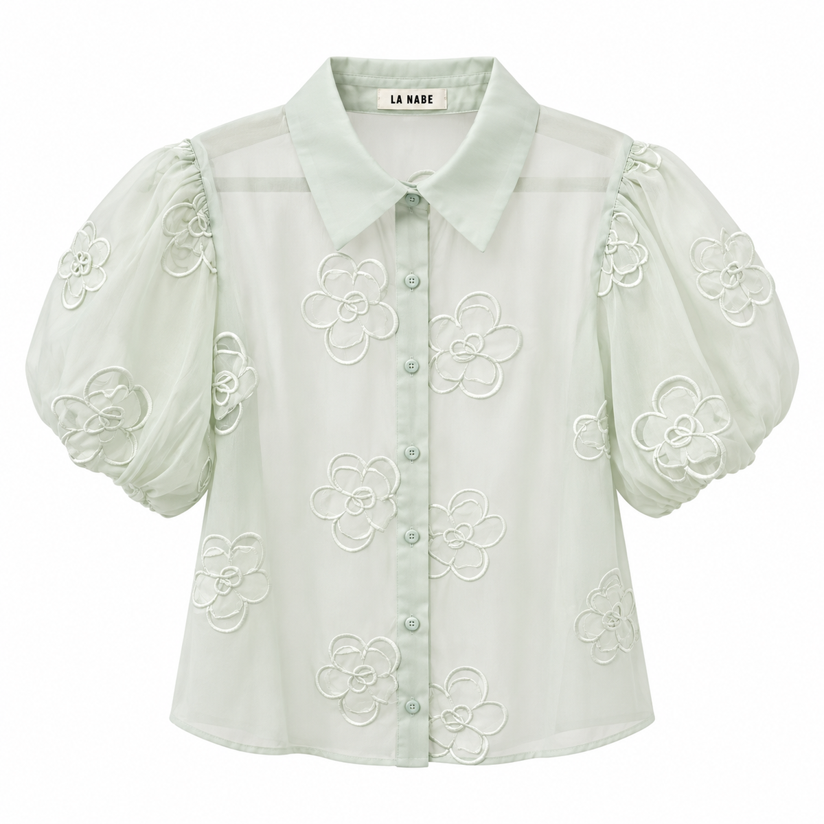Blusa Verde Agua Claro Transparente con Flores Caladas Manga Abullonada
