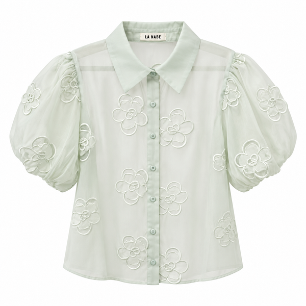 Blusa Verde Agua Claro Transparente con Flores Caladas Manga Abullonada
